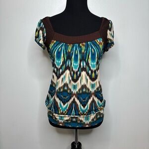 Heart Soul Geometric Print Square Neck Top Women’s Medium Boho Retro Style